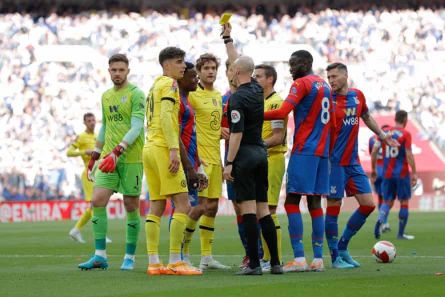 Havertz is shown a yellow card by referee Anthony Taylor for simulation.