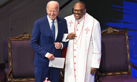 President Joe Biden with Bishop Ernest Morris, Sr during a church service and campaign event at Mount Airy Church of God in Christ in Philadelphia, Pennsylvania, on Sunday.
