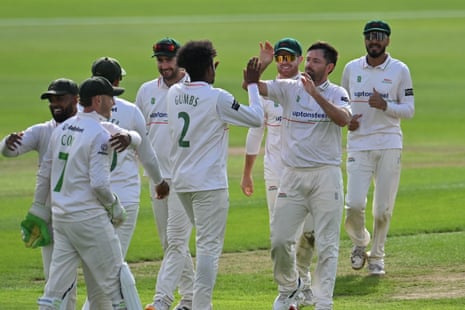 Ian Holland of Leicestershire celebrates taking a wicket