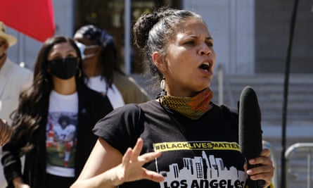 Melina Abdullah speaks during a Black Lives Matter protest in August.