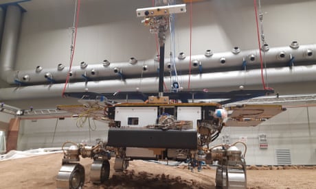 The replica of the Rosalind Franklin rover on simulated Mars terrain