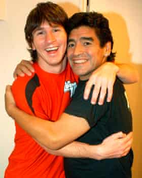 Barcelona’s Lionel Messi (left) poses with Diego Maradona in August 2005 when the Argentinian teenager was a guest on Maradona’s talkshow.