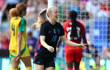 Aggie Beever-Jones celebrates after scoring for England against Jamaica