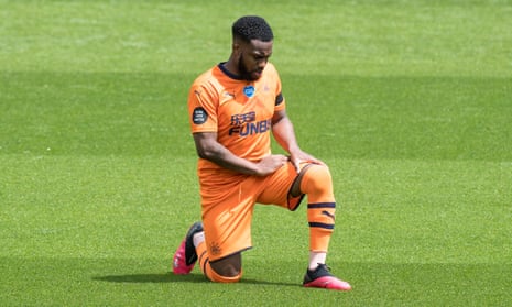 Danny Rose, on loan at Newcastle from Tottenham, takes a knee at Watford in July.