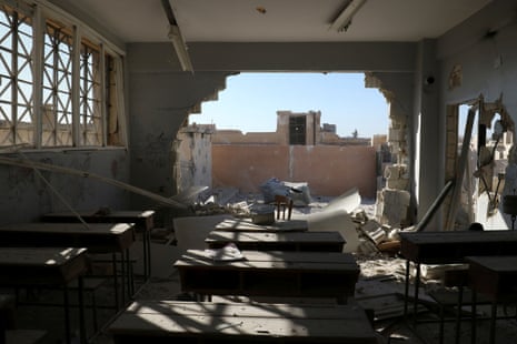 A classroom damaged by shelling, in the town of Hass, south of Idlib province