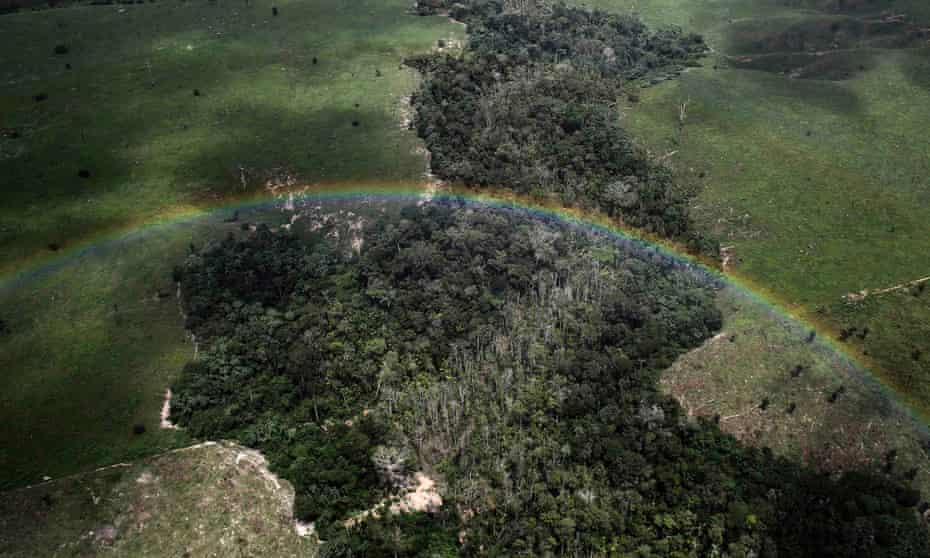 A rainbow over a tract of Amazon rainforest which has been cleared by loggers