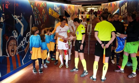 Roma captain Elisa Bartoli prepares to lead her team out prior to the Women's Champions League quarter-final second leg match between Barcelona and Roma at Spotify Camp Nou.
