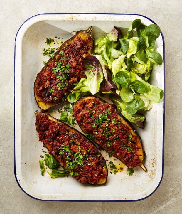 Meera Sodha’s walnut-stuffed aubergines.