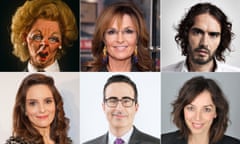 Composite of John Oliver, Bridget Christie, Russell Brand, Tina Fey, Sarah Palin, Spitting Image model of Thatcher