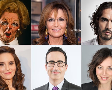 Composite of John Oliver, Bridget Christie, Russell Brand, Tina Fey, Sarah Palin, Spitting Image model of Thatcher