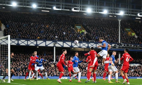 Dominic Calvert-Lewin of Everton scores his team’s second goal past Liverpool keeper Alisson.