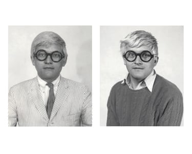 Black and white passport photos of David Hockney from 1965 and 1970