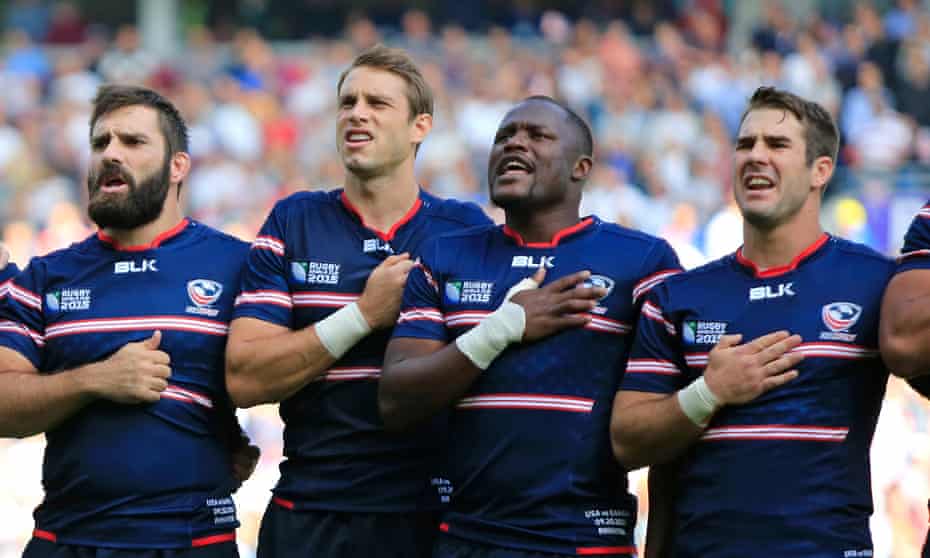 USA Men’s Eagles stars Phil Thiel, Blaine Scully, Takudzwa Ngwenya and Seamus Kelly sing the national anthem before the game against Samoa.