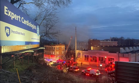 A general view shows smoke coming out from a chocolate factory after fire broke out, in West Reading, Pennsylvania, on Friday.