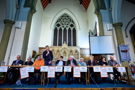 Matt Goodwin speaks at the hustings at St Peter’s Church in Levenshulme.