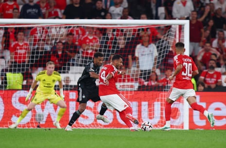 Benfica's Vangelis Pavlidis scores their fourth goal.