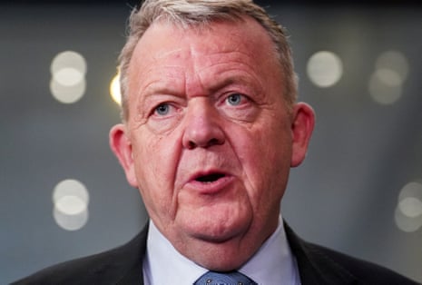 Lars Loekke Rasmussen looks on, as he and Greenland's Foreign Minister Vivian Motzfeldt (not pictured) speak with members of the media following a meeting with US senators.