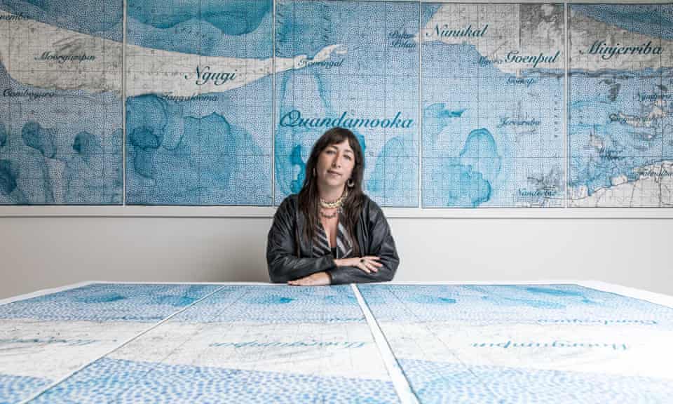 Quandamooka artist Megan Cope frequently works with maps for her sculptural installations and paintings, which explore identity, environment and critiques of colonialism.