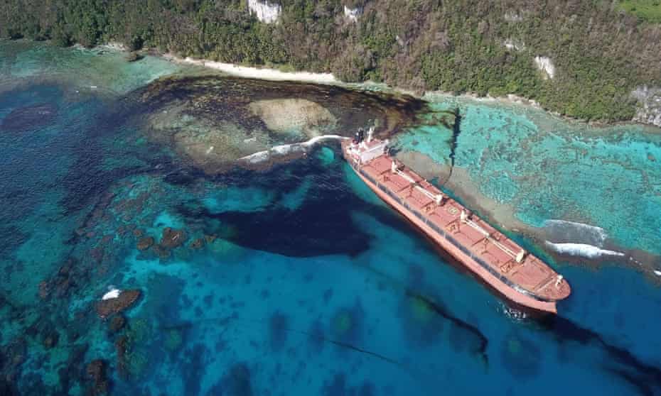 MV Solomon Trader, a Hong Kong-flagged vessel when it ran aground at Kangava Bay, Rennell Island, spilling 300 tonnes of heavy crude oil into the sea.