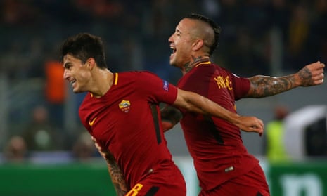 AS Roma’s Diego Perotti celebrates scoring the third goal.