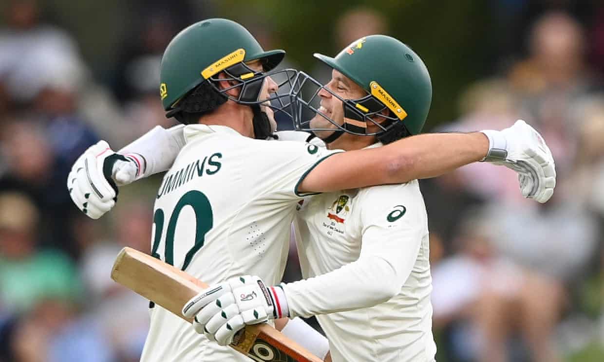 Australia's Alex Carey and Pat Cummins embrace after beating New Zealand by three wickets to win the second Test and complete a 2-0 series win. Photograph: John Davidson/AP