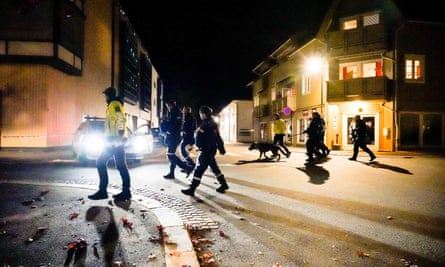 Police officers cordon off the scene in Kongsberg.