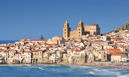 Houses and cathedral in background Cefalu Sicily