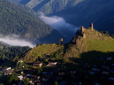 Ancient defensive towers sprout from the top of the village of Omalo in Tusheti national park, which borders the Russian republics of Chechnya and Dagestan