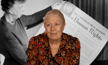 Vanessa Redgrave in Sea Sorrow, in front of Eleanor Roosevelt announcing the 1948 Universal Declaration of Human Rights.