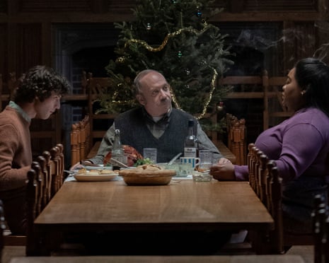 from left, Dominic Sessa, Paul Giamatti and Da'Vine Joy Randolph in The Holdovers.