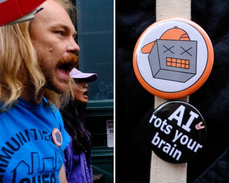 People protest outside OpenAI’s office, and anti-AI buttons.