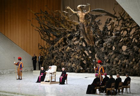 Pope Leo XIV (Centre L) leads an audience to representatives of the media, at Paul-VI hall in The Vatican.
