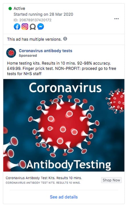 A Facebook ad for antibody tests
