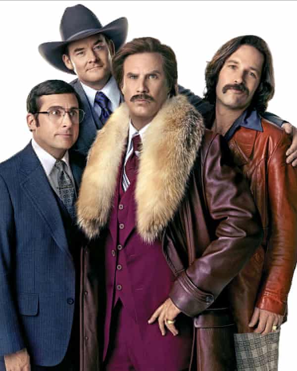 Brick Tamland (Steve Carell), David Koechner (Champ Kind), Ron Burgundy (Will Ferrell) and Brian Fantana (Paul Rudd) in Anchorman 2