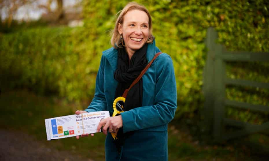 Helen Morgan, the Liberal Democrat candidate in the forthcoming North Shropshire byelection, with party leaflets.