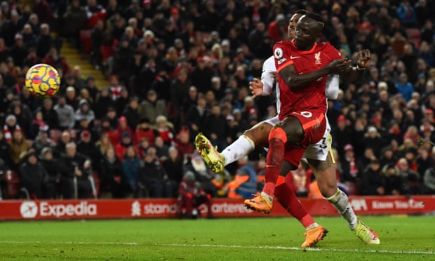 Sadio Mané scores his second goal and Liverpool’s fifth in the demolition of Leeds at Anfield