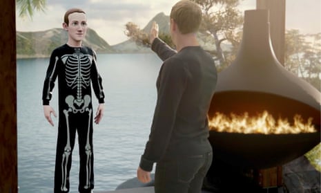 Mark Zuckerberg speaks to an avatar of himself in the Metaverse during a live-streamed virtual and augmented-reality conference to announce the rebranding of Facebook as Meta. 