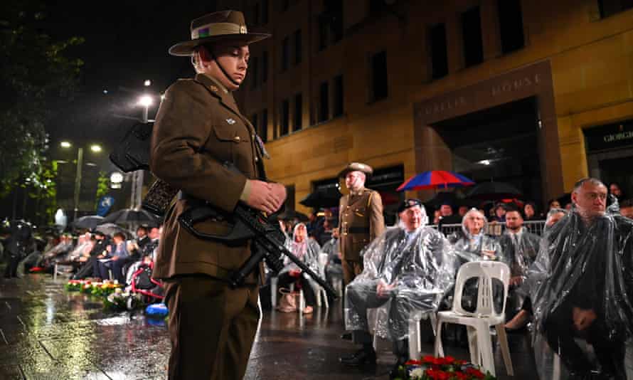 A member of the Catafalque Party stands next to the Cenotaph during the annual Anzac Day Dawn Service at Martin Place in Sydney, Monday, April 25, 2022