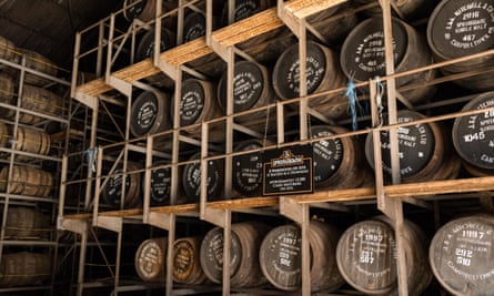 Springbank Distillery racked warehouse full of maturing whisky casks, Campbeltown, Argyll and Bute, Scotland, UK