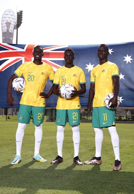 Australian players Thomas Deng, Garang Kuol and Awer Mabil – who are all of South Sudanese heritage – in Qatar.