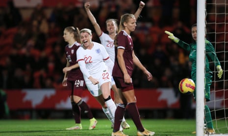 Alessia Russo celebrates after scoring England’s 14th goal in this week’s 20-0 win over Latvia in a World Cup qualifier