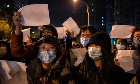Protesters in Beijing against China’s zero-Covid measures, 27 November 2022.