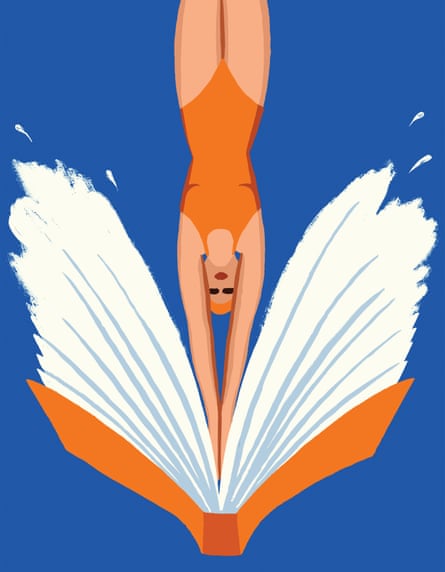 Illustration by Paul Thurlby of a woman in a swimsuit diving into the pages of a book