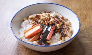 Tom Hunt’s porridge with roasted rhubarb, hazelnuts and molasses.