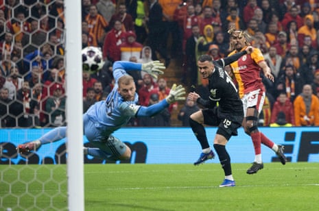 Galatasaray’s Sacha Boey (right) fires the ball past Juventus keeper Michele Di Gregorio to seal an emphatic 5-2 victory.