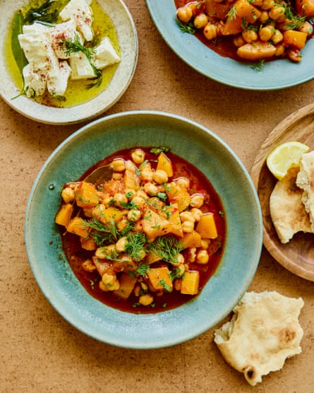 Samin Nosrat’s stewy harissa chickpeas with winter squash.
