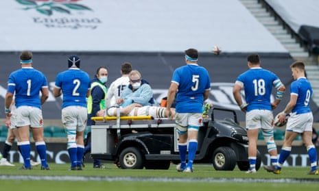 Jack Willis is withdrawn on a stretcher during England’s Six Nations game against Italy.