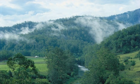 Steam rises over the valley around the Bellingen river, New South Wales, Australia.