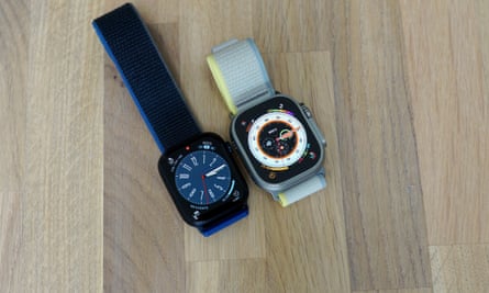 The Ultra shown next to the 45mm Apple Watch Series 8.