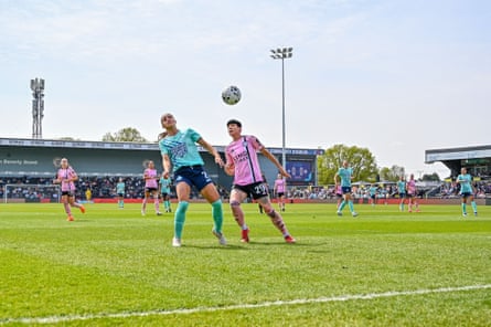 London City’s Jana Fernandez competes with Leicester’s Ashleigh Neville at Copperjax Community Stadium